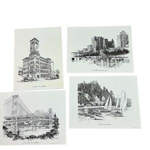 Vintage 70s Larry Countryman Tacoma Washington landmark print set of 4 9x12”